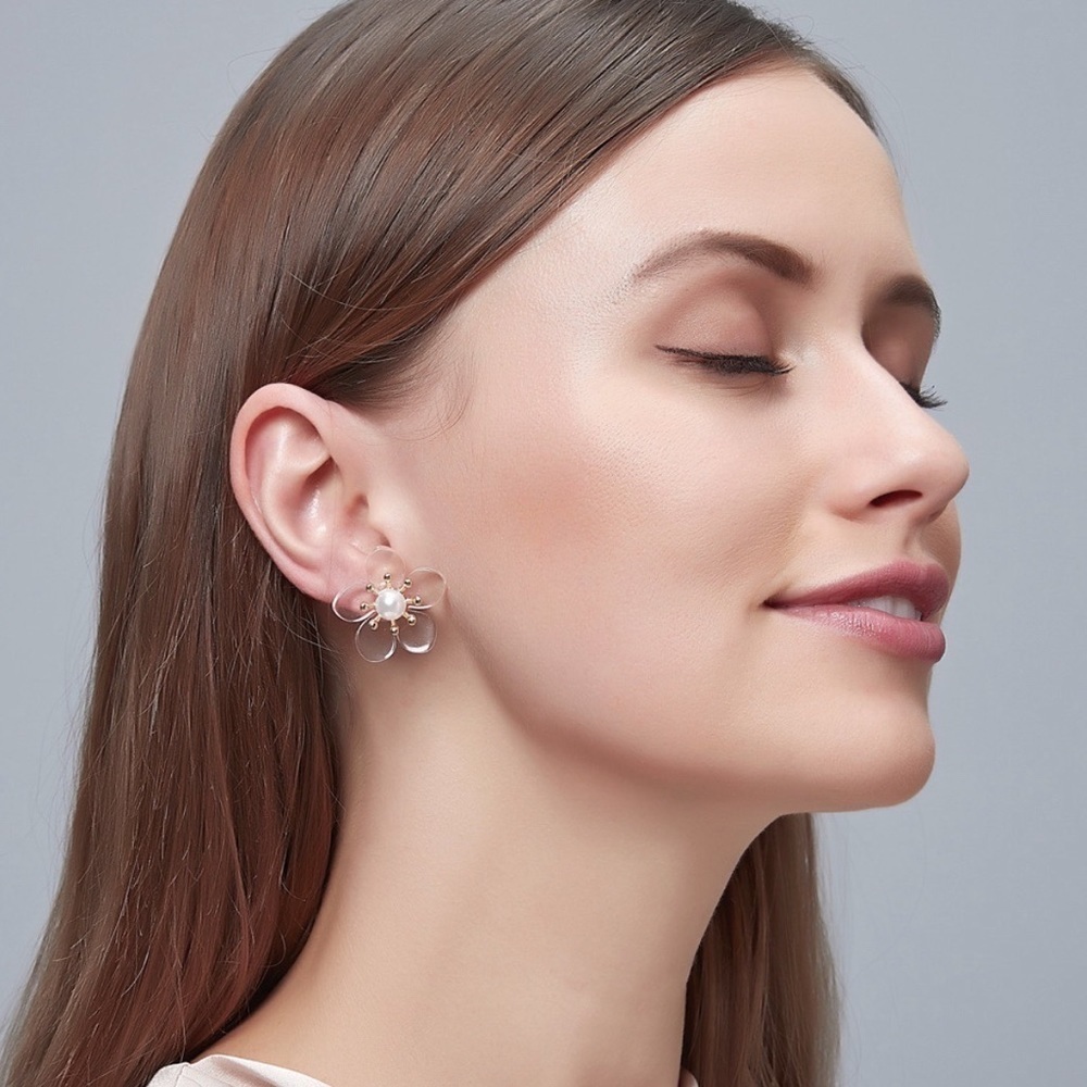 Any 4/$25! Translucent Flower Pearl Stud Earrings - Picture 6 of 10